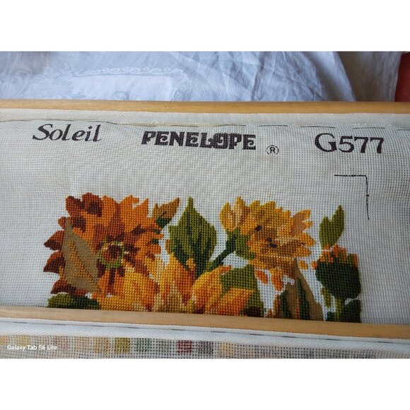 Penelope Soleil sunflower needlepoint canvas partially completed on wood frame - Picture 5 of 8